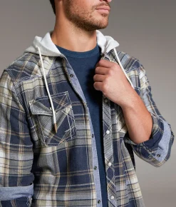 Tops | BKE Vintage Plaid Athletic Hooded Shirt Navy Tan