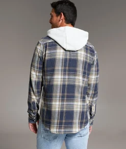 Tops | BKE Vintage Plaid Athletic Hooded Shirt Navy Tan