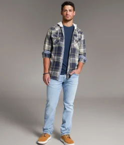 Tops | BKE Vintage Plaid Athletic Hooded Shirt Navy Tan