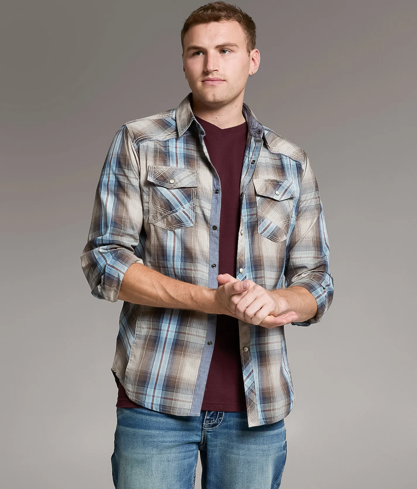 BKE Plaid Athletic Shirt Tan Blue Discount