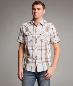 BKE Plaid Athletic Shirt Cream Brown Clearance