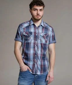 BKE Plaid Athletic Shirt Navy Blue Red