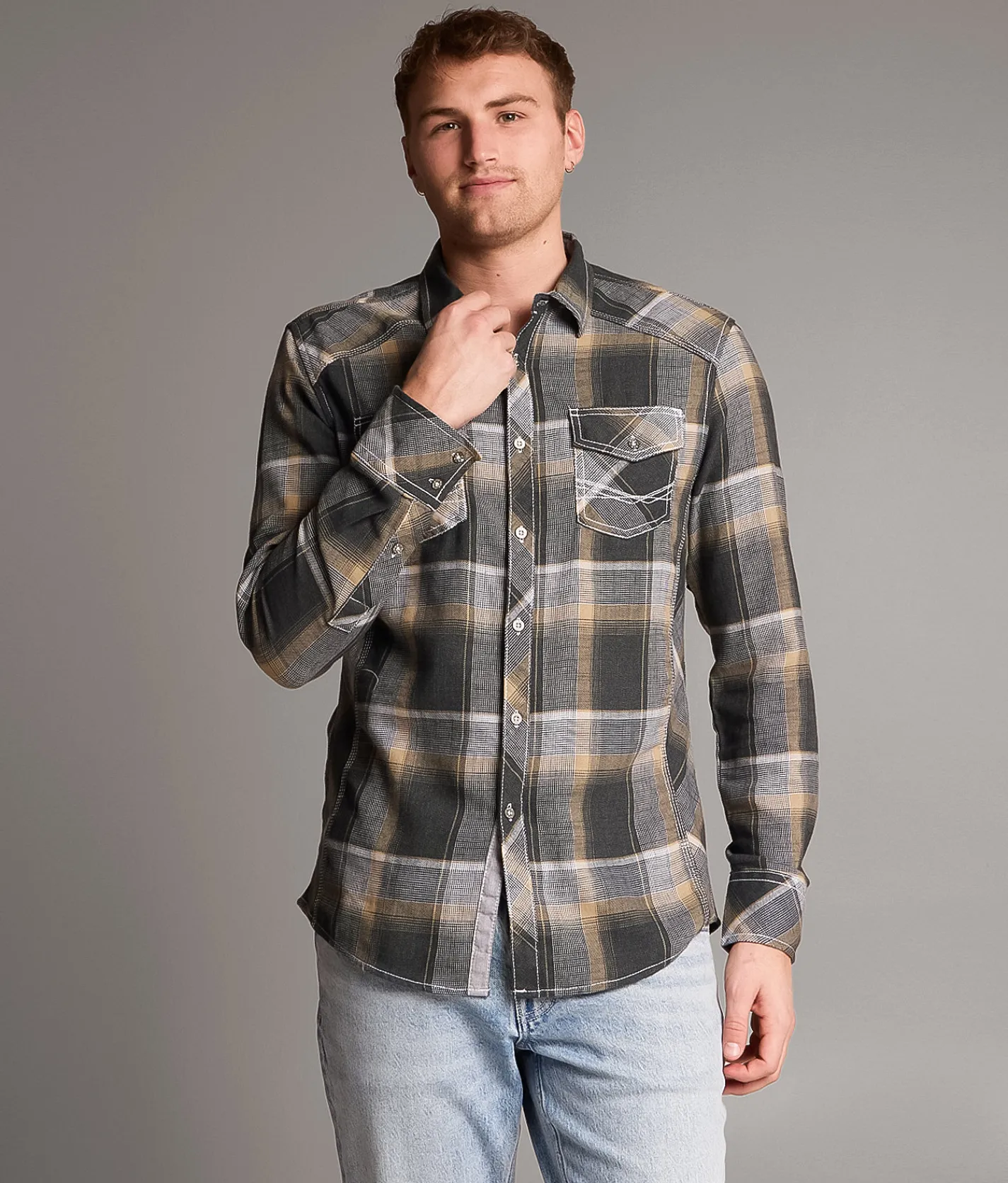 Tops | BKE Plaid Athletic Shirt Grey Tan