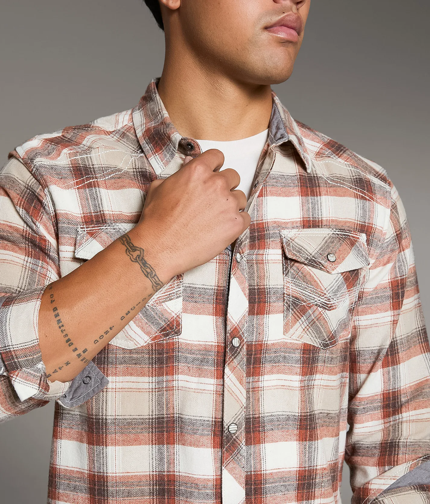 BKE Plaid Athletic Shirt Beige Rust Outlet