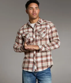 BKE Plaid Athletic Shirt Beige Rust Outlet