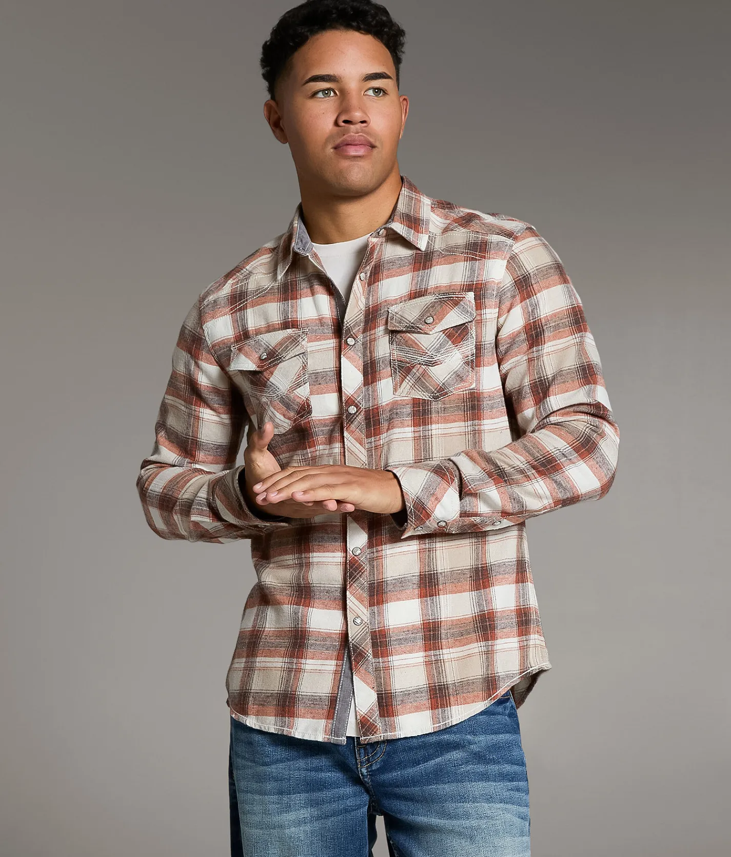 BKE Plaid Athletic Shirt Beige Rust Outlet