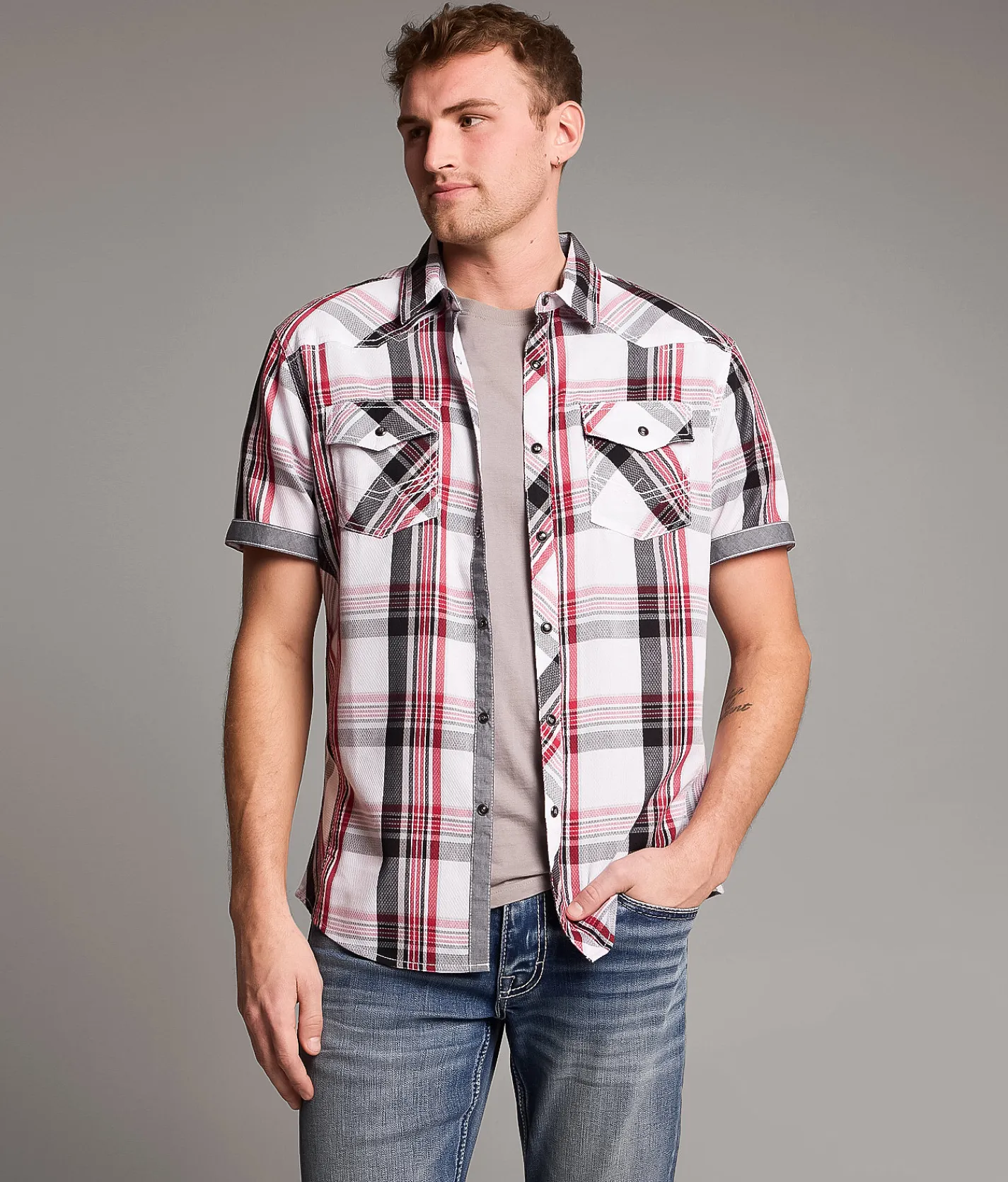 Tops | BKE Plaid Athletic Shirt White Black Red