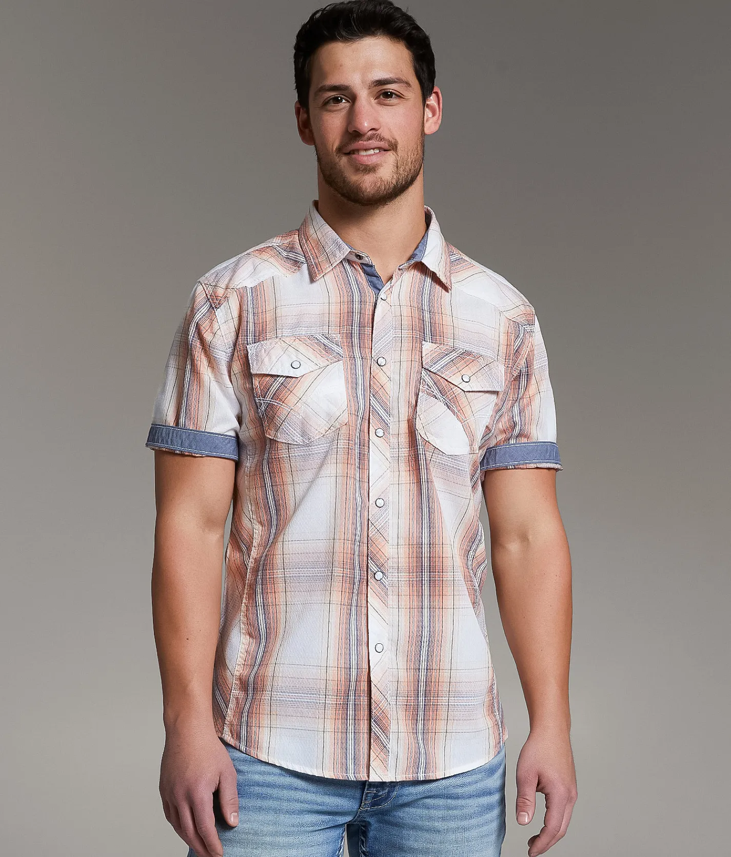 BKE Plaid Athletic Shirt White Coral Online