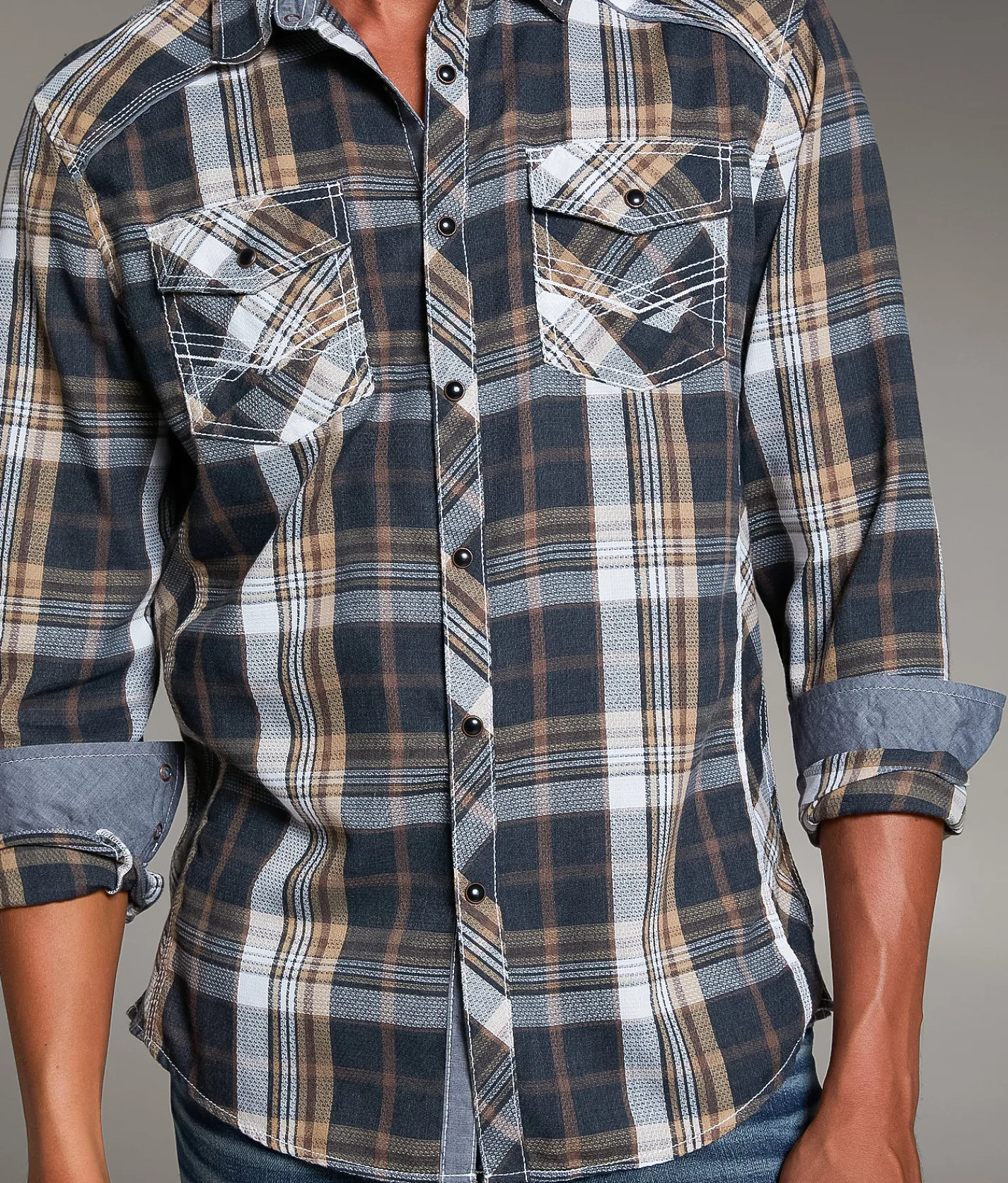 BKE Plaid Athletic Shirt Black Brown White Sale