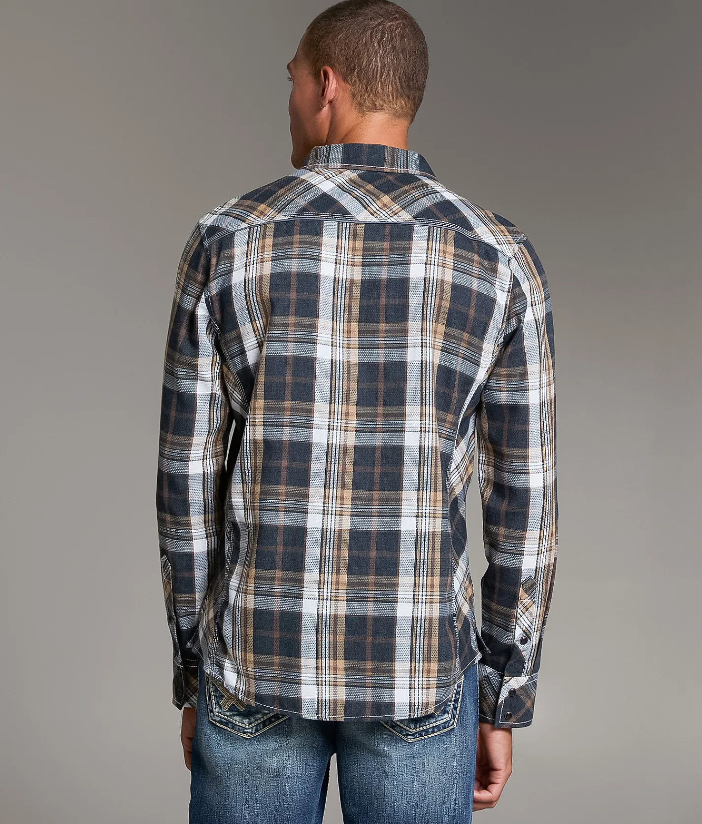 BKE Plaid Athletic Shirt Black Brown White Sale
