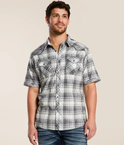 Tops | Buckle Black Plaid Athletic Stretch Shirt Grey White