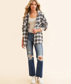 BKE Plaid Boyfriend Hooded Flannel Shirt Black Cream Hot