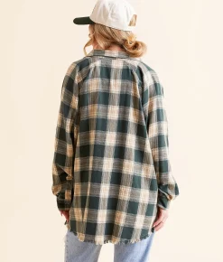 Tops | Gilded Intent Plaid Boyfriend Shirt Tan Forest Green