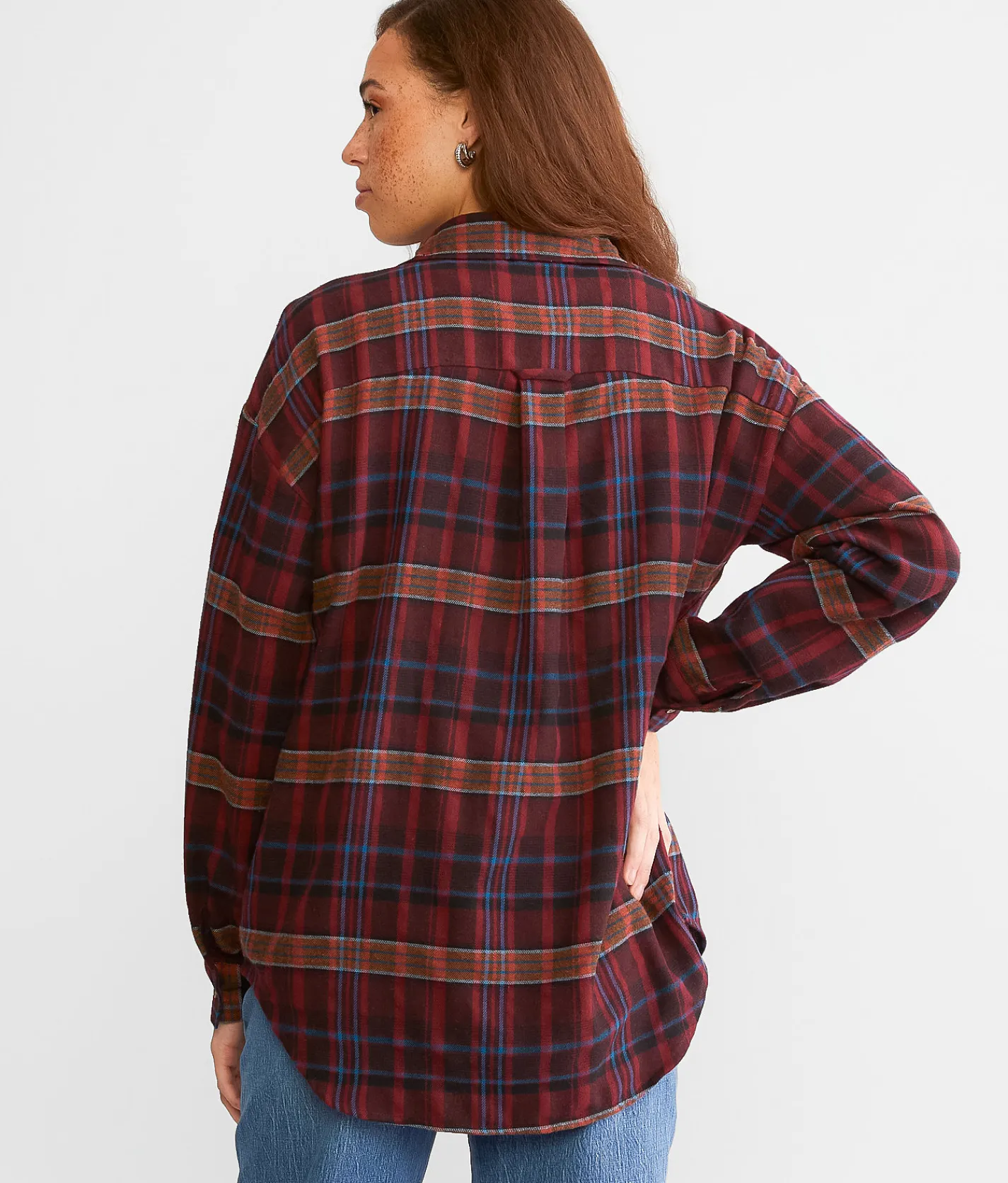 BKE Plaid Boyfriend Shirt Burgundy Discount