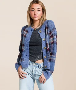 Gilded Intent Plaid Cardigan Sweater China Blue Plaid