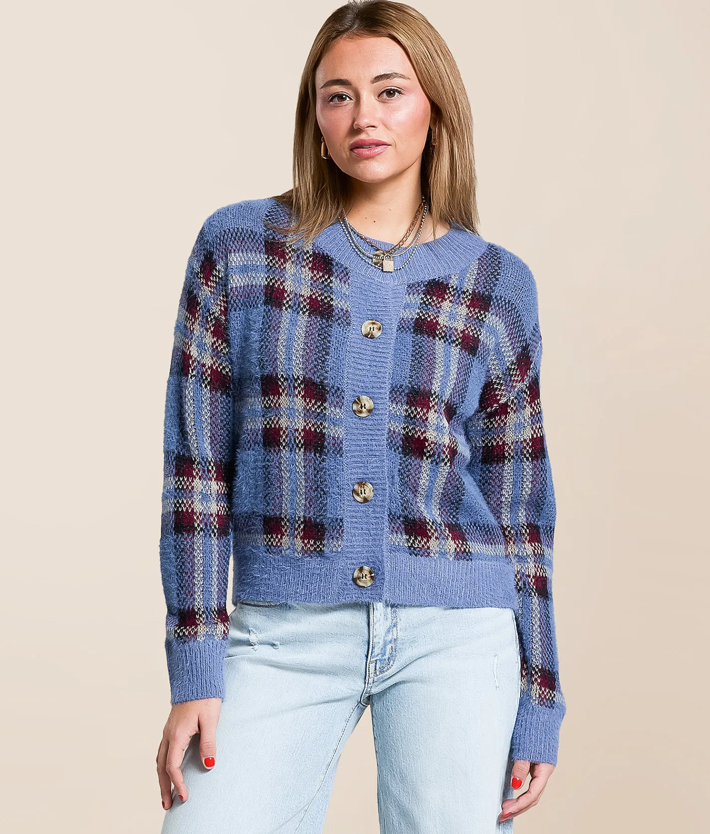 Gilded Intent Plaid Cardigan Sweater China Blue Plaid