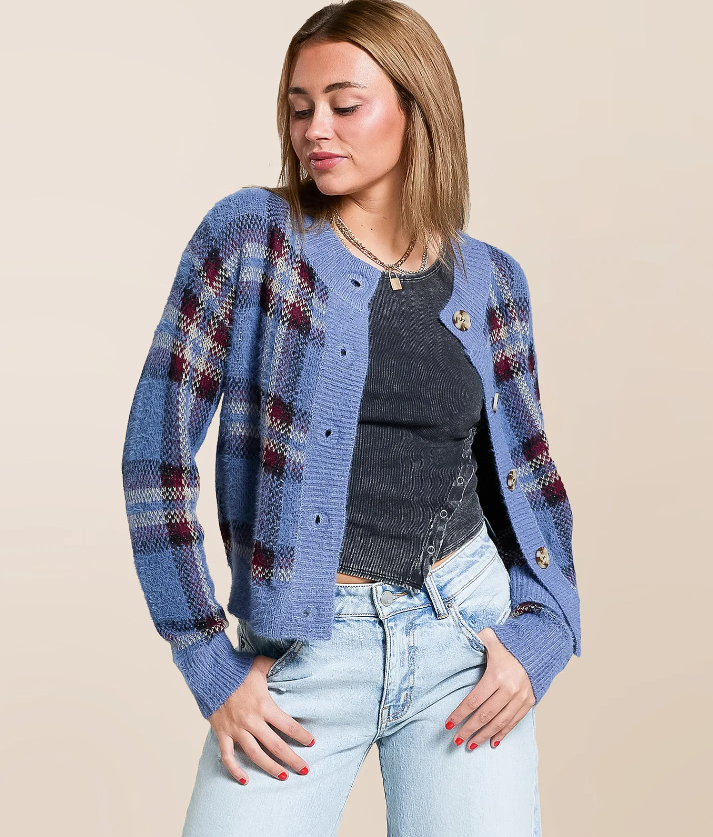 Gilded Intent Plaid Cardigan Sweater China Blue Plaid