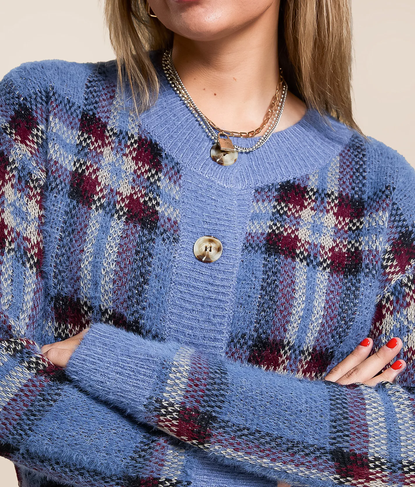 Gilded Intent Plaid Cardigan Sweater China Blue Plaid