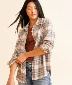 BKE Plaid Eased Flannel Shirt Cream Navy