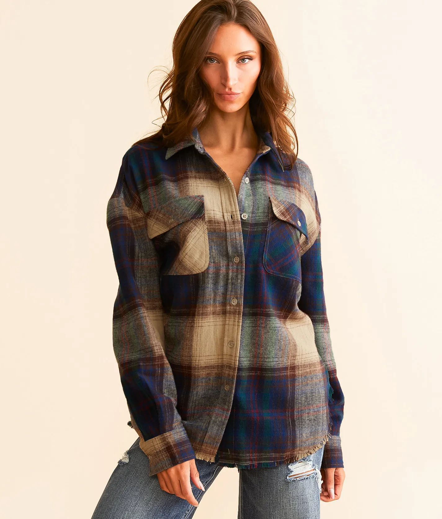 BKE Plaid Flannel Boyfriend Shirt Navy Multi New