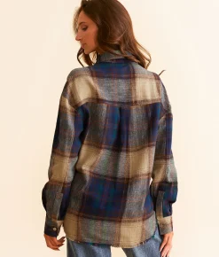 BKE Plaid Flannel Boyfriend Shirt Navy Multi New