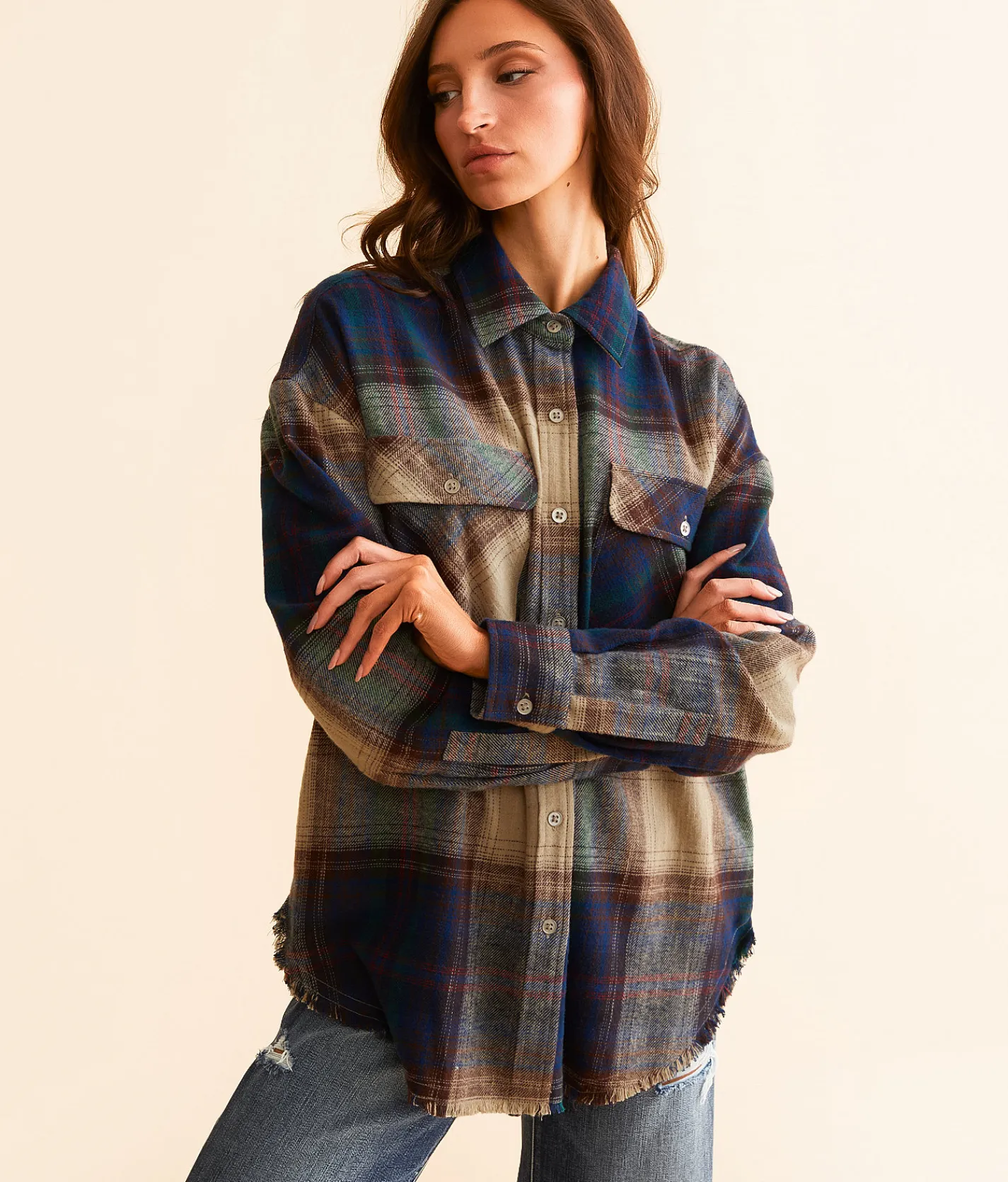 BKE Plaid Flannel Boyfriend Shirt Navy Multi New