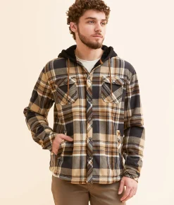 Coats & Jackets | Departwest Plaid Fleece Hooded Shacket Black Khaki