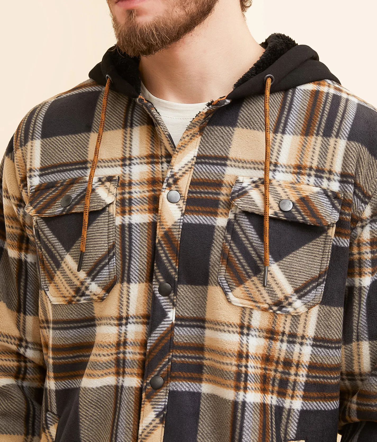 Coats & Jackets | Departwest Plaid Fleece Hooded Shacket Black Khaki
