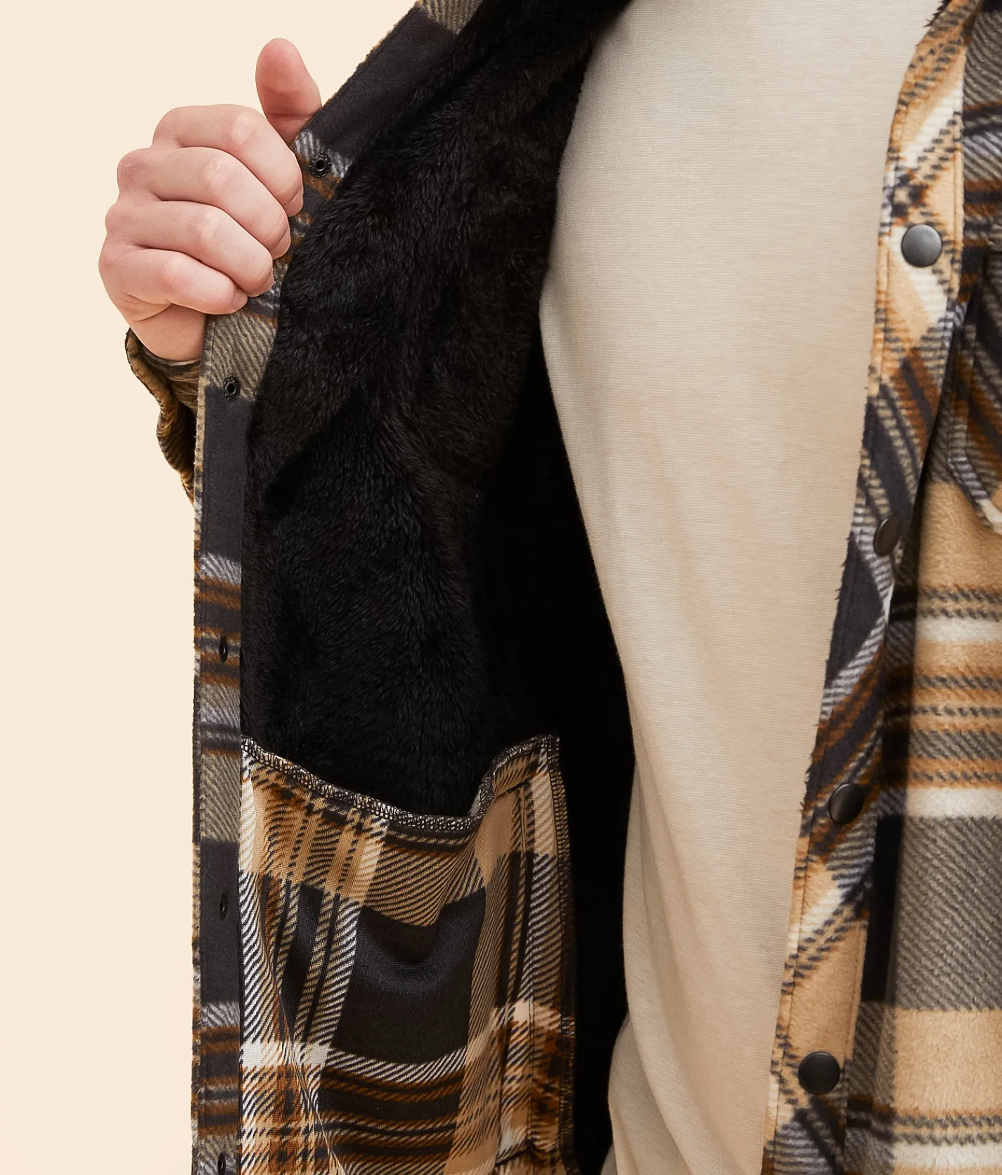 Coats & Jackets | Departwest Plaid Fleece Hooded Shacket Black Khaki