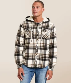 Departwest Plaid Fleece Hooded Shacket Cream Navy Tan Sale