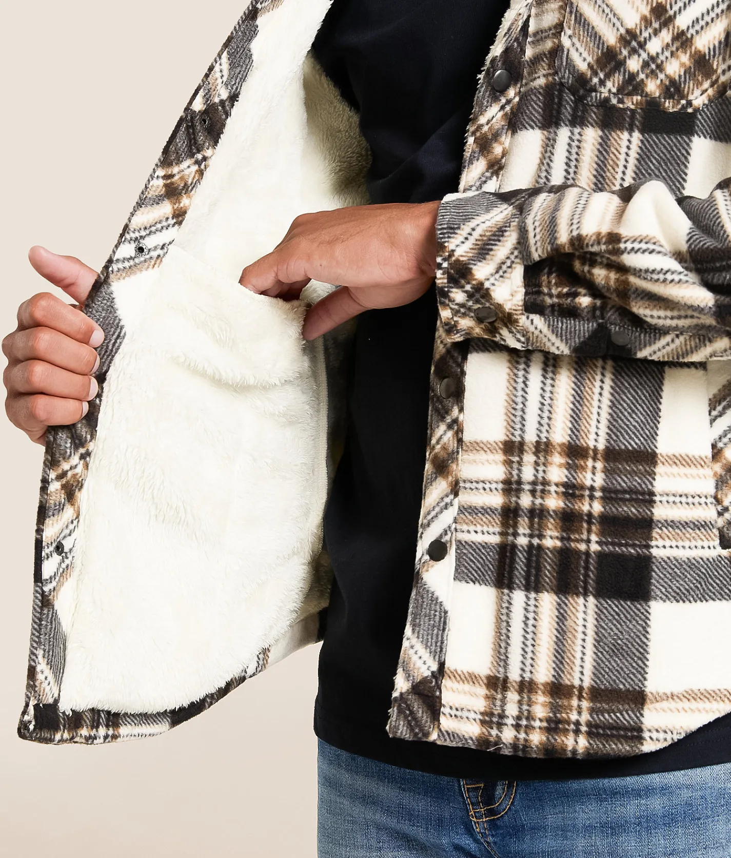 Departwest Plaid Fleece Hooded Shacket Cream Navy Tan Sale