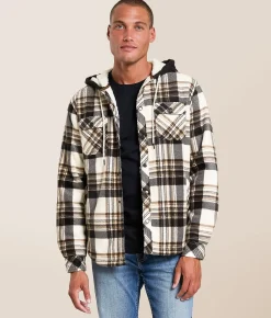 Departwest Plaid Fleece Hooded Shacket Cream Navy Tan Sale