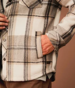 Outpost Makers Plaid Hooded Shacket Tan Cream Grey New