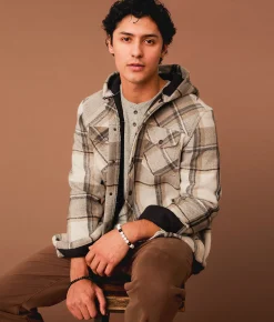 Outpost Makers Plaid Hooded Shacket Tan Cream Grey New