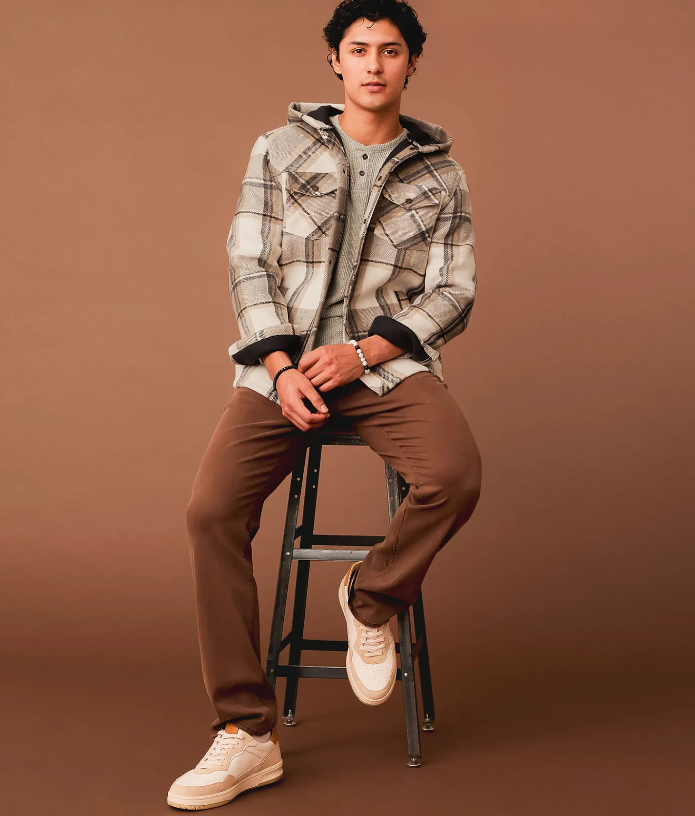 Outpost Makers Plaid Hooded Shacket Tan Cream Grey New