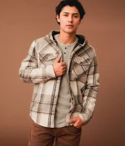 Outpost Makers Plaid Hooded Shacket Tan Cream Grey New