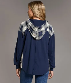 BKE Plaid Hooded Shirt Navy