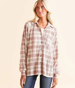 Tops | Modish Rebel Plaid Knit Shirt Taupe Multi