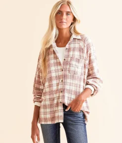 Tops | Modish Rebel Plaid Knit Shirt Taupe Multi