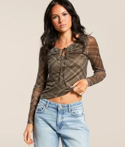 Tops | Gilded Intent Plaid Mesh Keyhole Top Brown Plaid