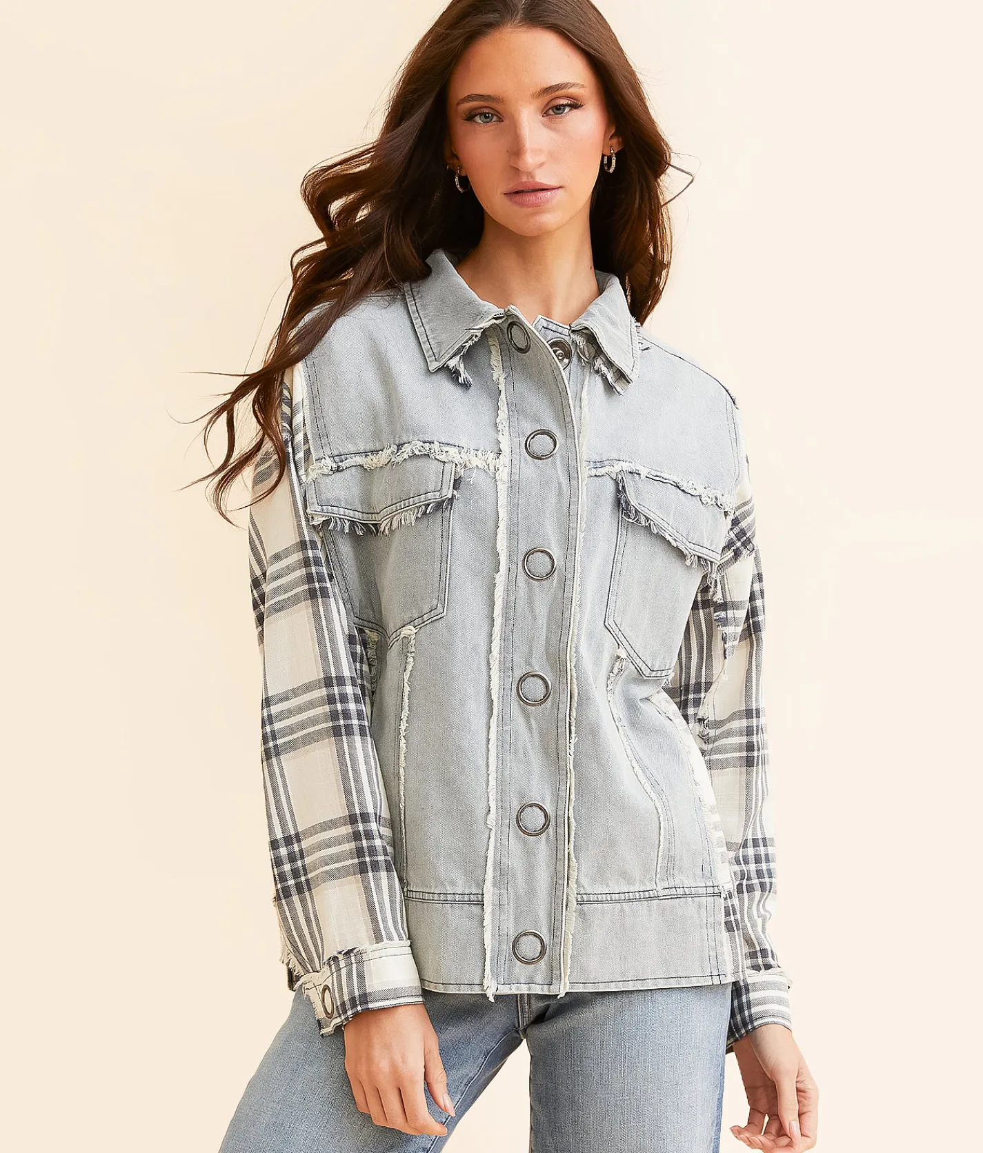 Oli & Hali Plaid Pieced Denim Jacket Blue Cream Multi Sale