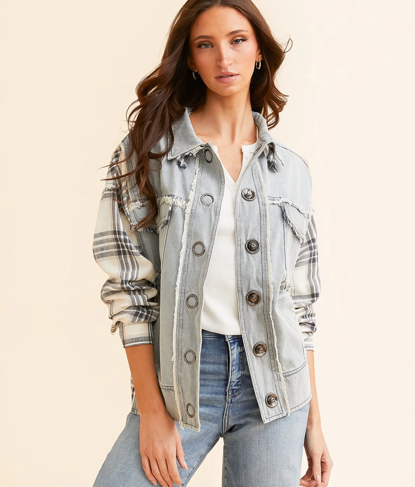 Oli & Hali Plaid Pieced Denim Jacket Blue Cream Multi Sale