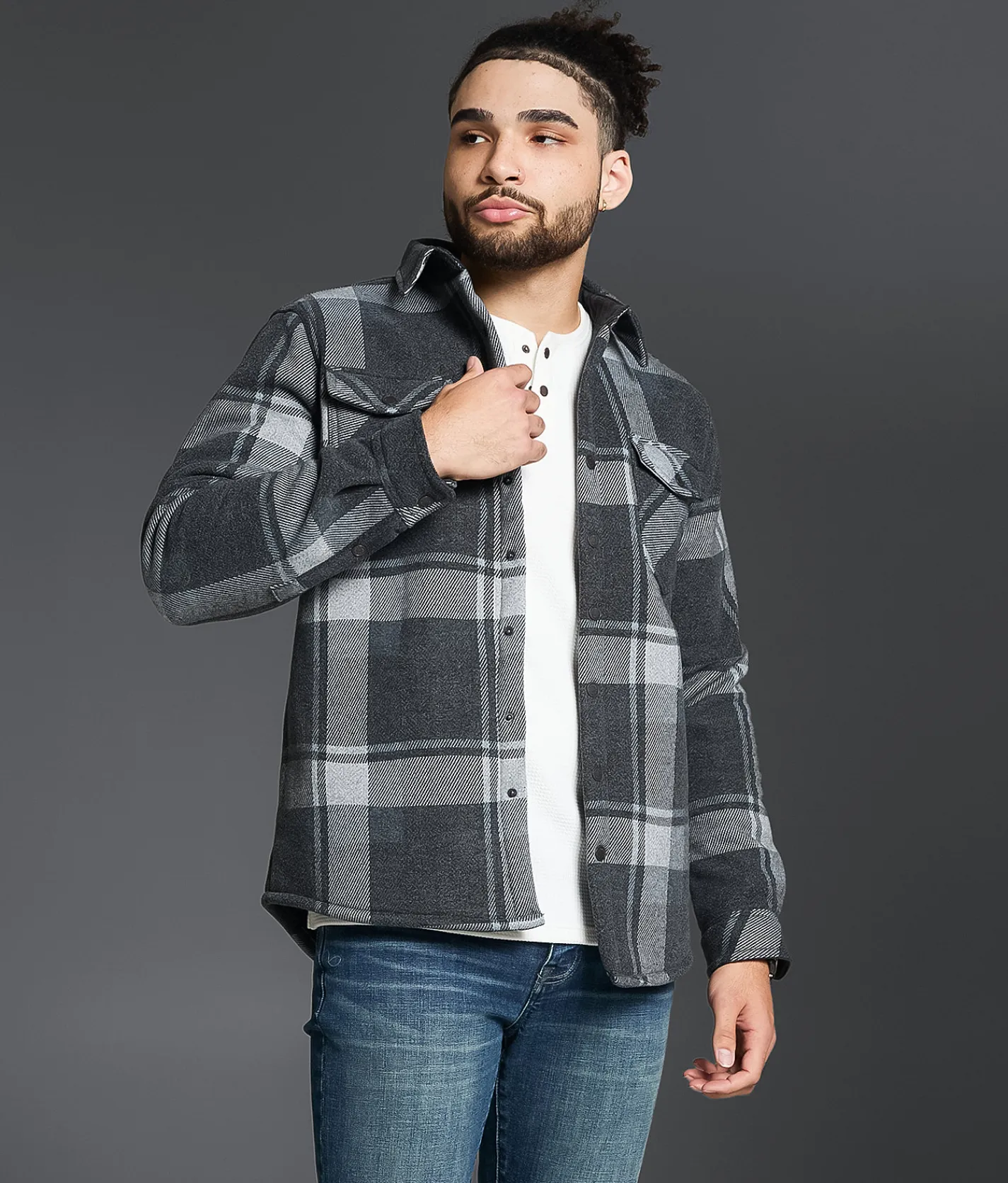 Outpost Makers Plaid Sherpa Shacket Blue Grey Discount