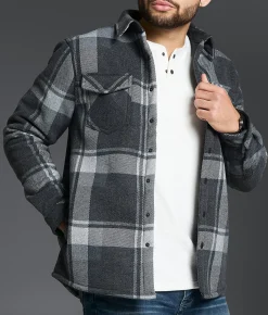 Outpost Makers Plaid Sherpa Shacket Blue Grey Discount