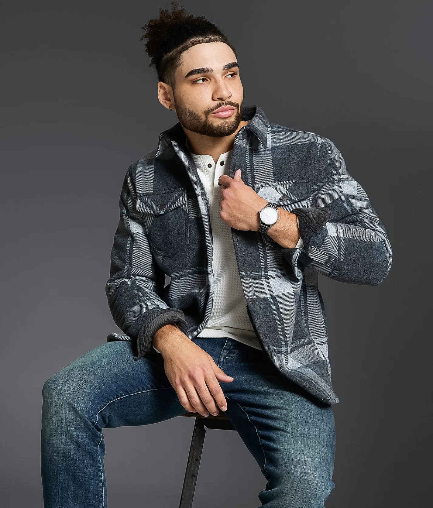 Outpost Makers Plaid Sherpa Shacket Blue Grey Discount