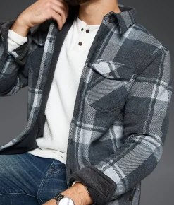 Outpost Makers Plaid Sherpa Shacket Blue Grey Discount