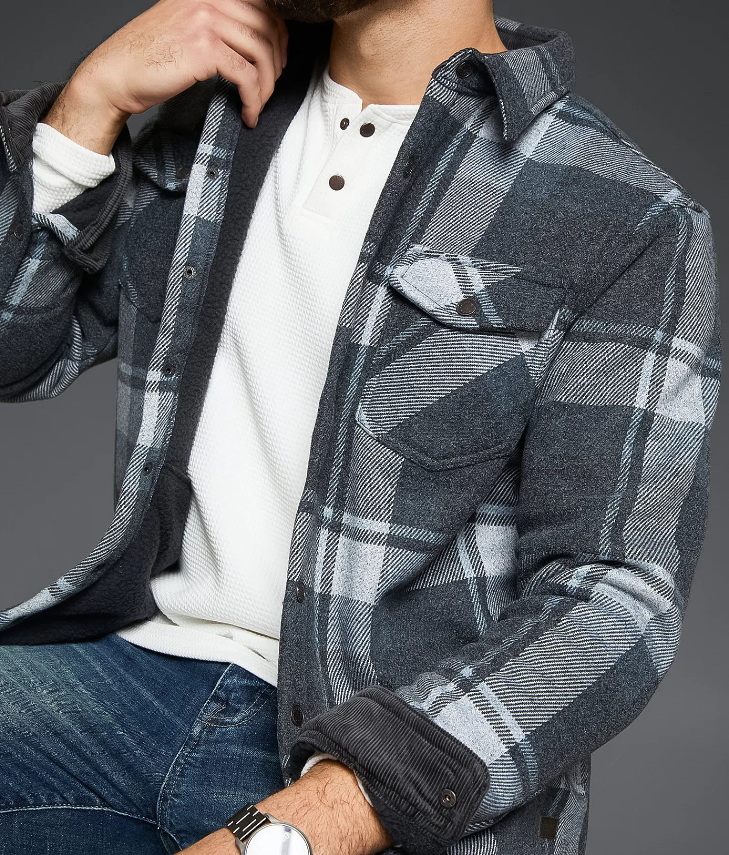 Outpost Makers Plaid Sherpa Shacket Blue Grey Discount