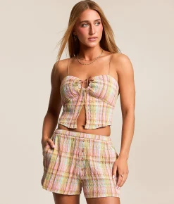 Billabong Plaid Split Front Cropped Tank Top Party Pink Hot