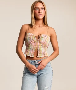 Billabong Plaid Split Front Cropped Tank Top Party Pink Hot