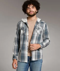 Tops | BKE Plaid Standard Hooded Shirt Blue Cream